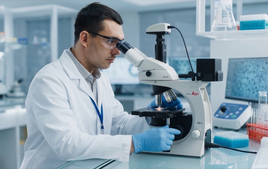Researcher examining a sample under a microscope