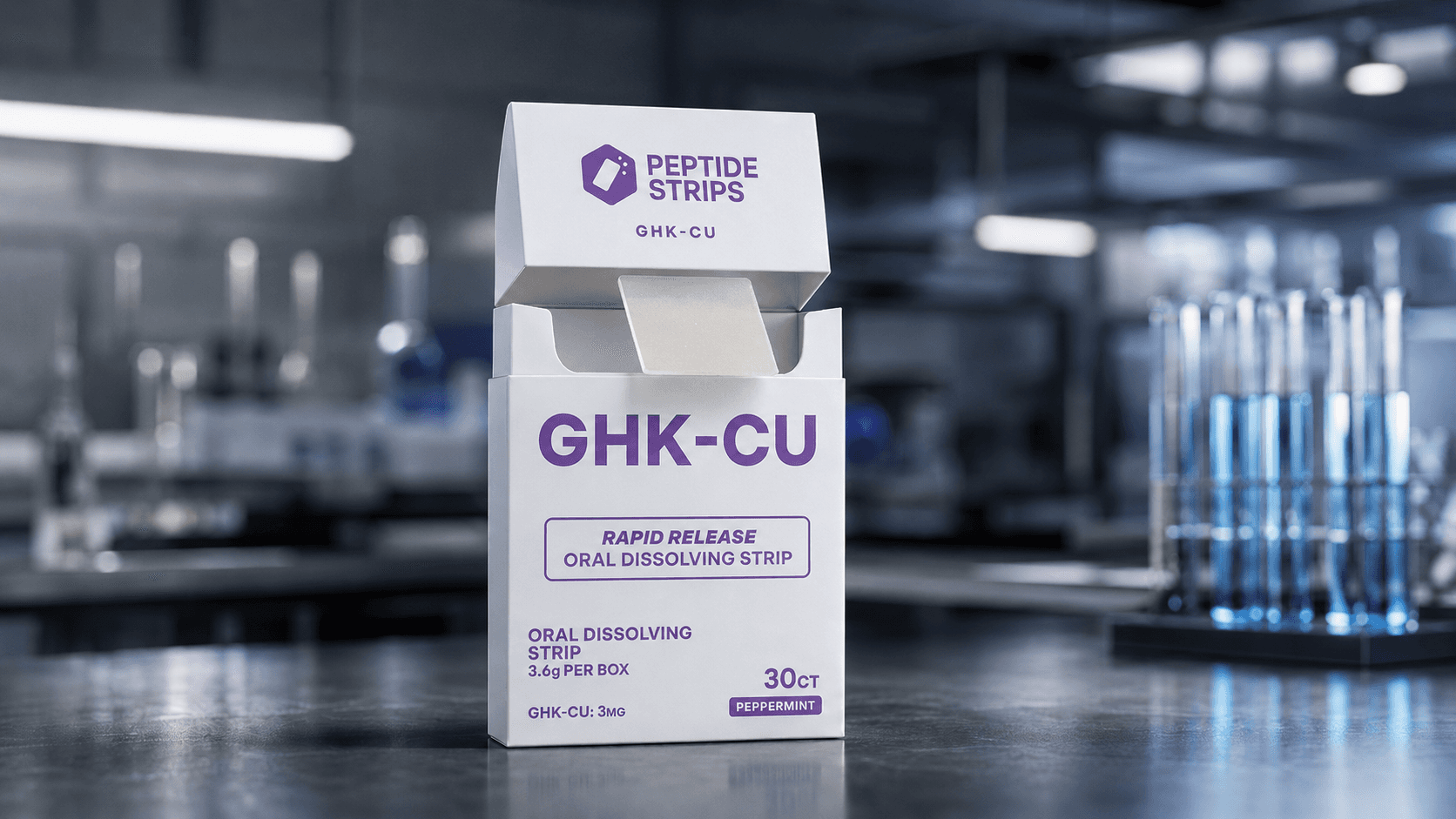 GHK-Cu dissolving strip box on a lab bench
