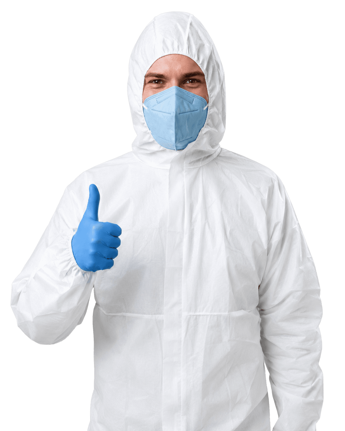 Technician in cleanroom suit giving a thumbs up